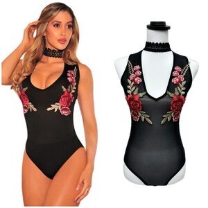 SEEK sheer black bodysuit with rose floral embroidered details XS sexy mesh